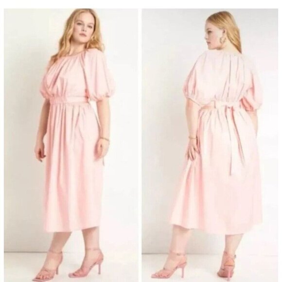 Eloquii Pink Puff-Sleeve Cut-Out Waist Midi Dress | Size 18 | Feminine & Chic - Picture 1 of 12